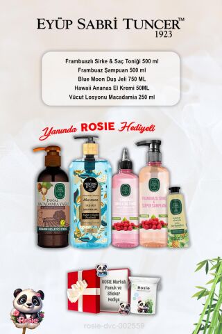 Şampuan ve Tonik Frambuazlı, Blue Moon Duş Jeli, Ananas Krem, Macadamia Losyon ve Rosie