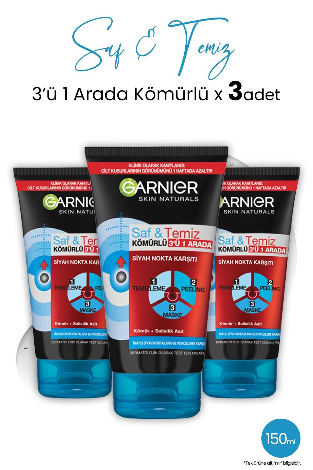 Garnier Kömür 3' ü 1 Arada Saf & Temiz 150 ml x 3 Adet
