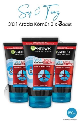 Garnier Kömür 3' ü 1 Arada Saf & Temiz 150 ml x 3 Adet