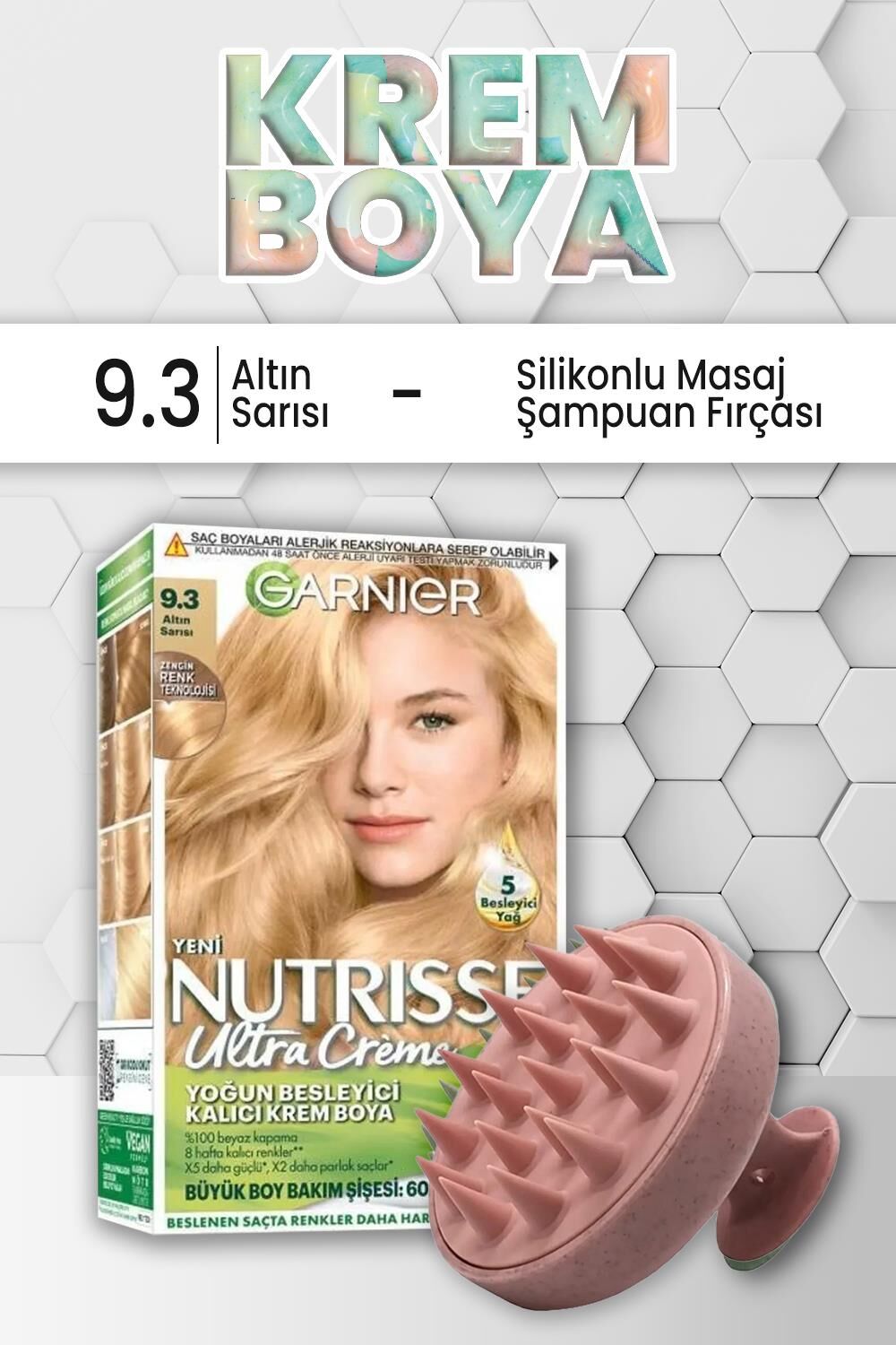 Garnier Nutrisse Besleyici Krem Saç Boyası 9.3 Altın Sarısı ve Şampuan Fırçası Pembe
