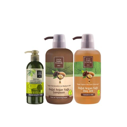 Eyüp Sabri Tuncer Doğal Argan Yağlı Şampuan, Duş jeli 600 ml Ve Doğal Zeytinyağlı Losyon 250 ml