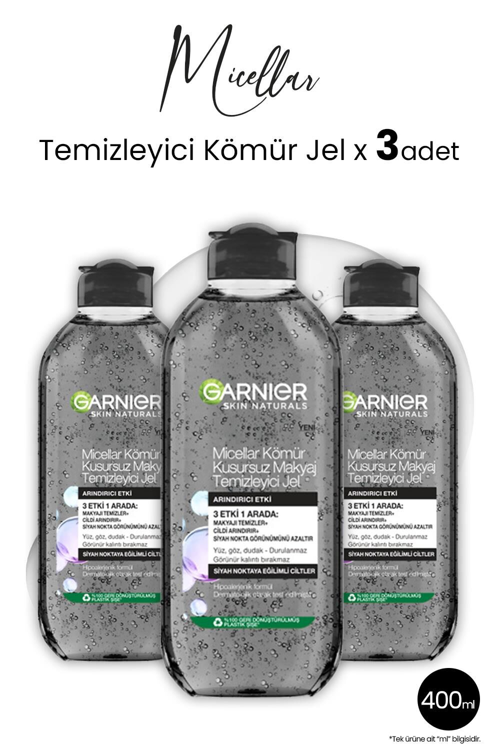 Garnier Micellar Makyaj Temizleyici Jel Kömür 400 ml x 3 Adet