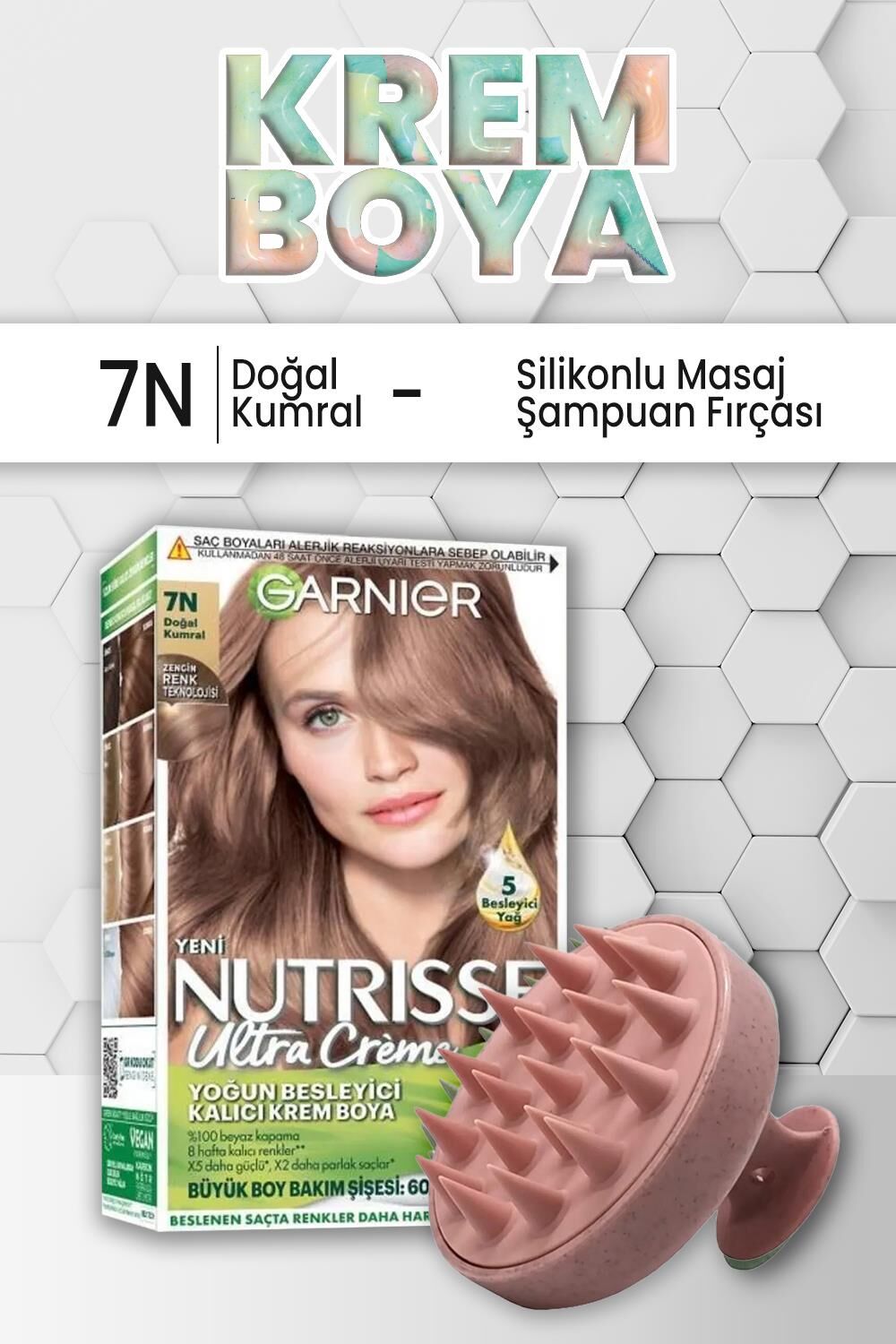 Garnier Nutrisse Besleyici Krem Saç Boyası 7N Doğal Kumral ve Şampuan Fırçası Pembe