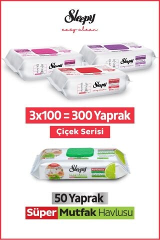 Sleepy Easy Clean Çiçek Serisi ve Bergamot Yağlı Süper Mutfak Temizlik Havlusu (3x100+50)