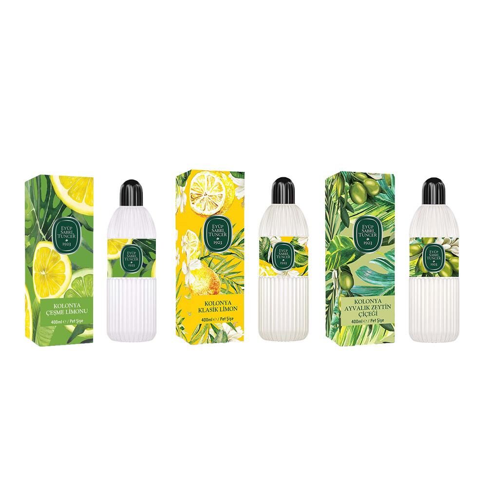 Eyüp Sabri Tuncer Kolonya Çeşme Limonu, Klasik Limon ve Ayvalık Zeytin Çiçeği Pet Şişe 400 ml