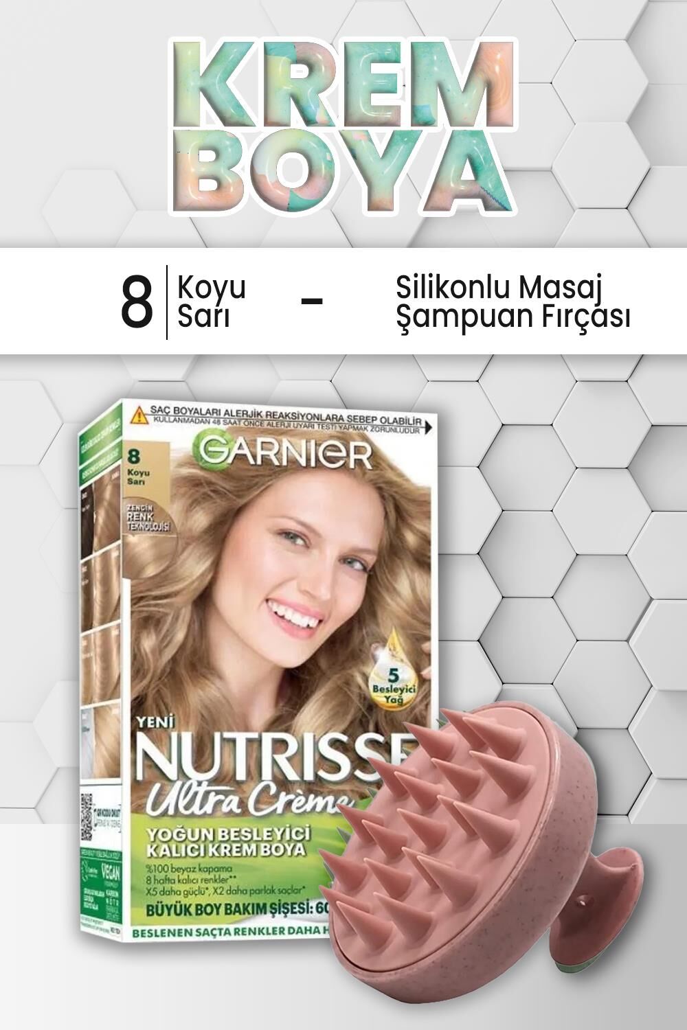 Garnier Nutrisse Besleyici Krem Saç Boyası 8 Koyu Sarı ve Şampuan Fırçası Pembe