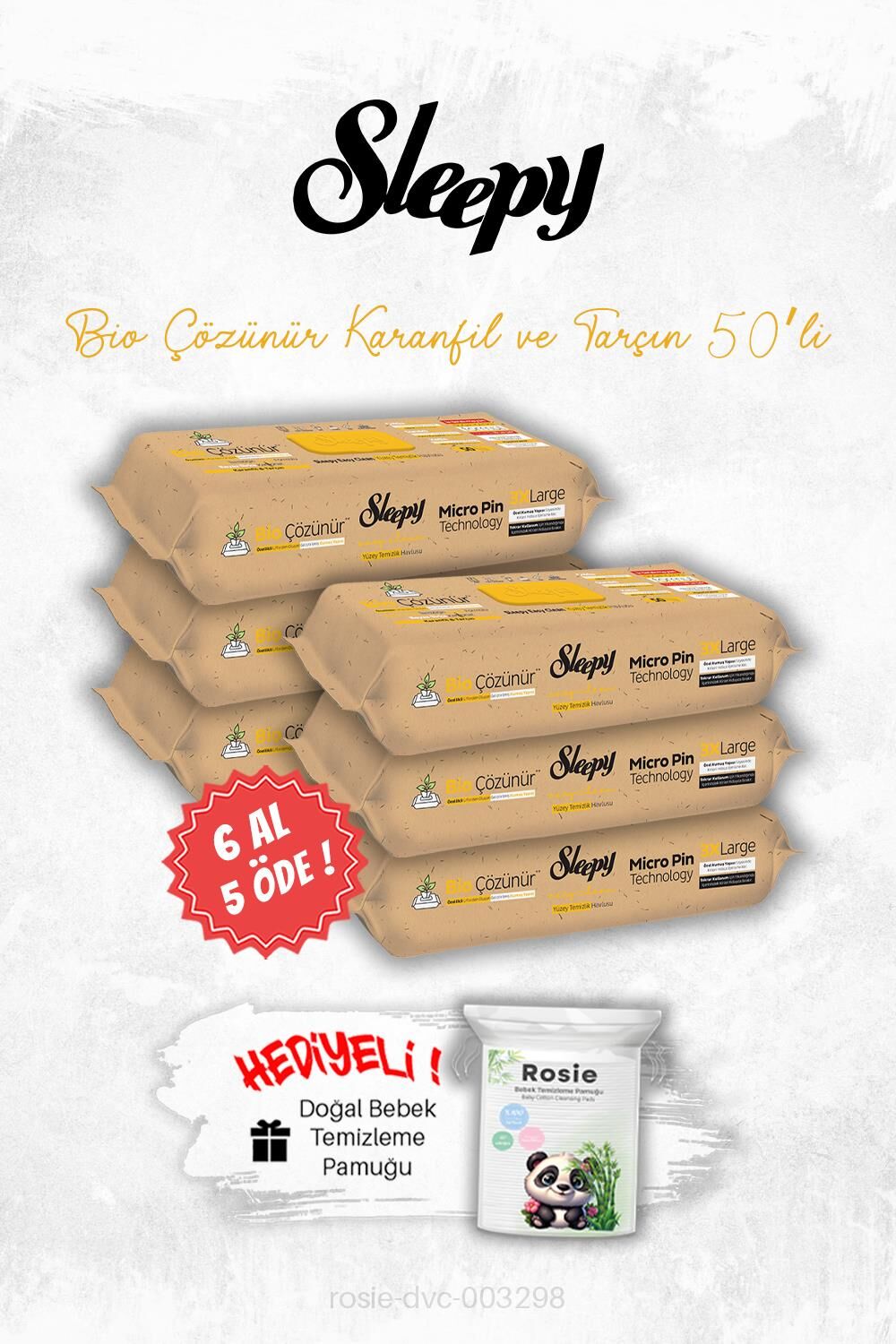 Sleepy 6 AL 5 ÖDE Bio Çözünür Karanfil ve Tarçın Yüzey Temizleme Havlusu 50'li ve ROSIE