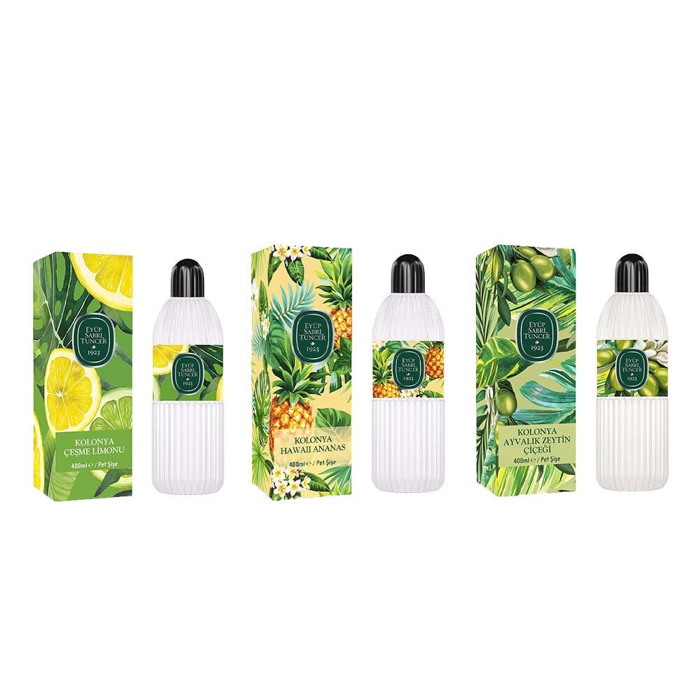Eyüp Sabri Tuncer Kolonya Çeşme Limonu, Hawaii Ananas ve Ayvalık Zeytin Çiçeği Pet Şişe 400 ml