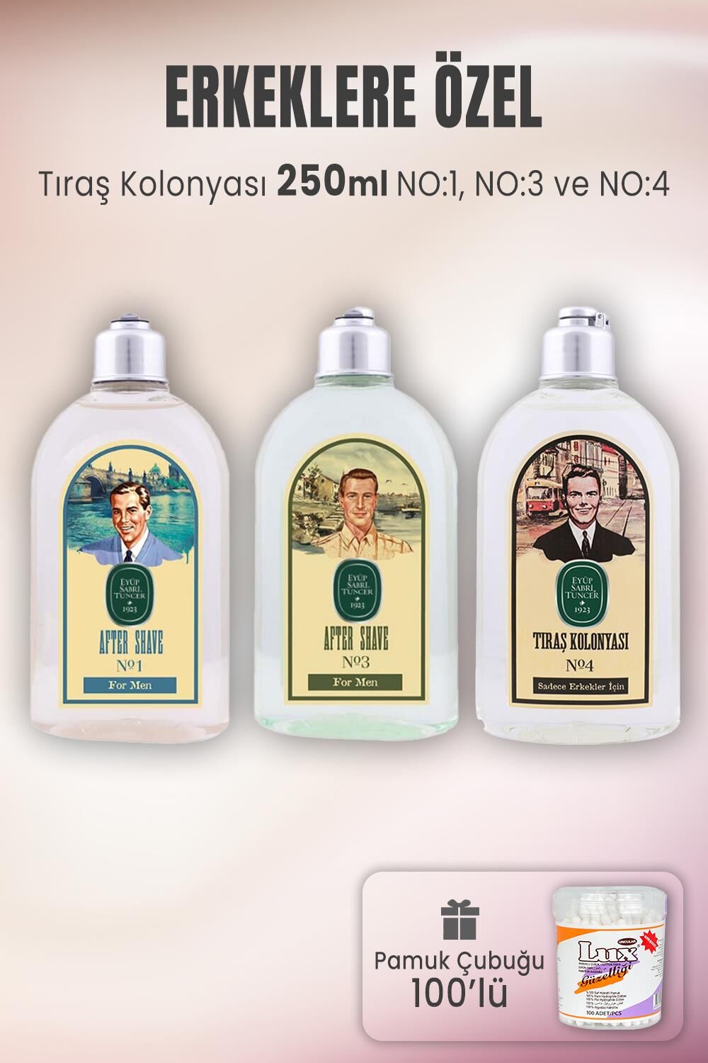 Eyüp Sabri Tuncer Tıraş Kolonyası Seti 1-3-4 ve Pamuk Çubuğu 100' lü