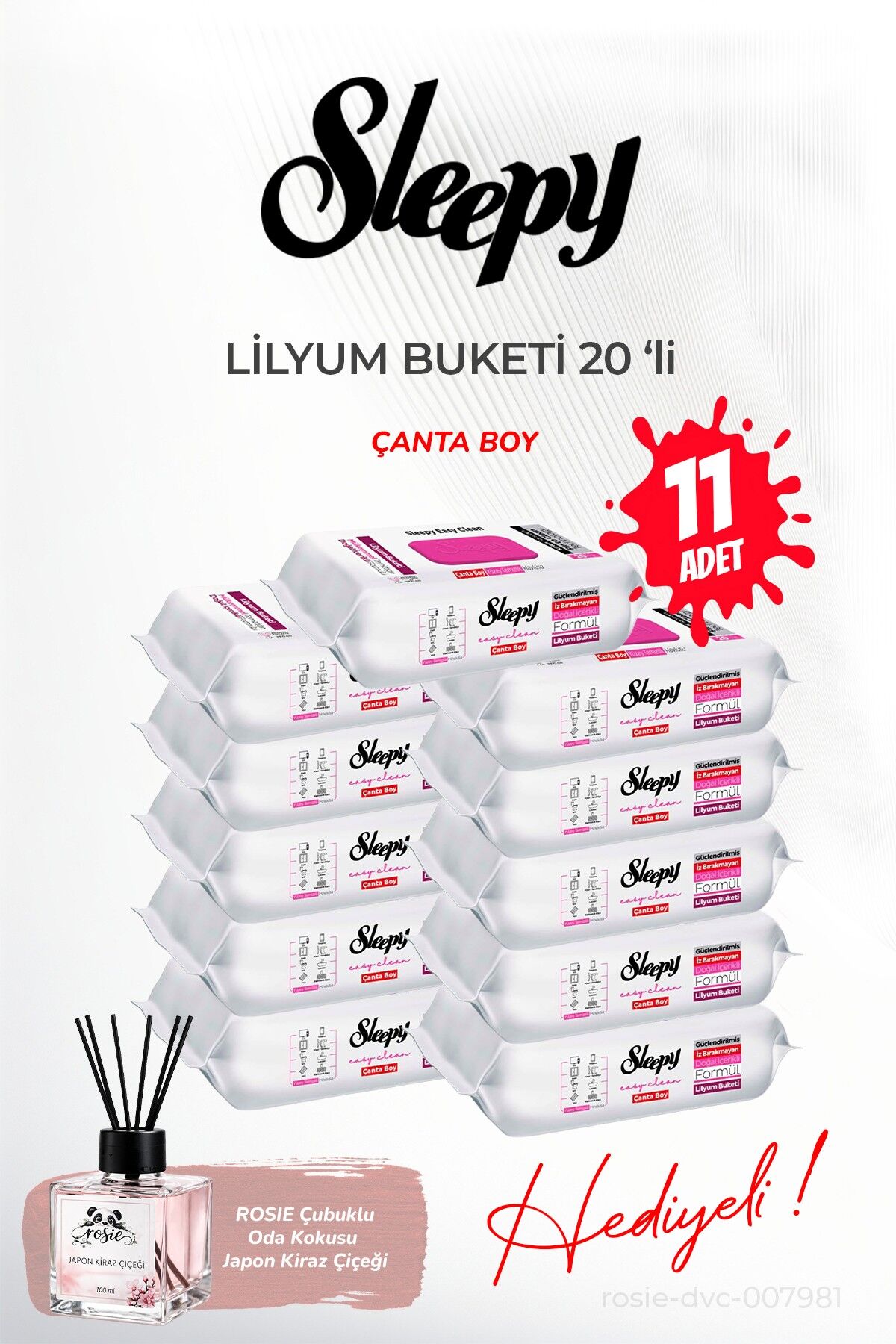 (11 paket x 20 yaprak) Sleepy Lilyum Buketi Islak Havlu ve ROSIE oda kokusu