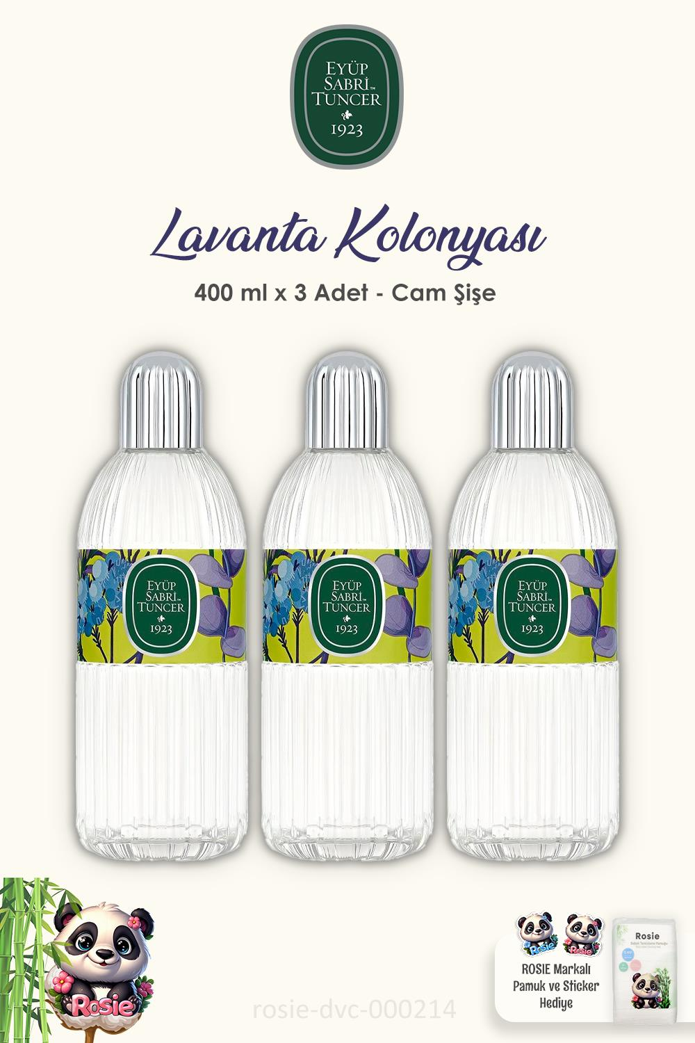 3 Adet Eyüp Sabri Tuncer Lavanta Kolonyası Cam Şişe 400 ml ve ROSIE Pamuk
