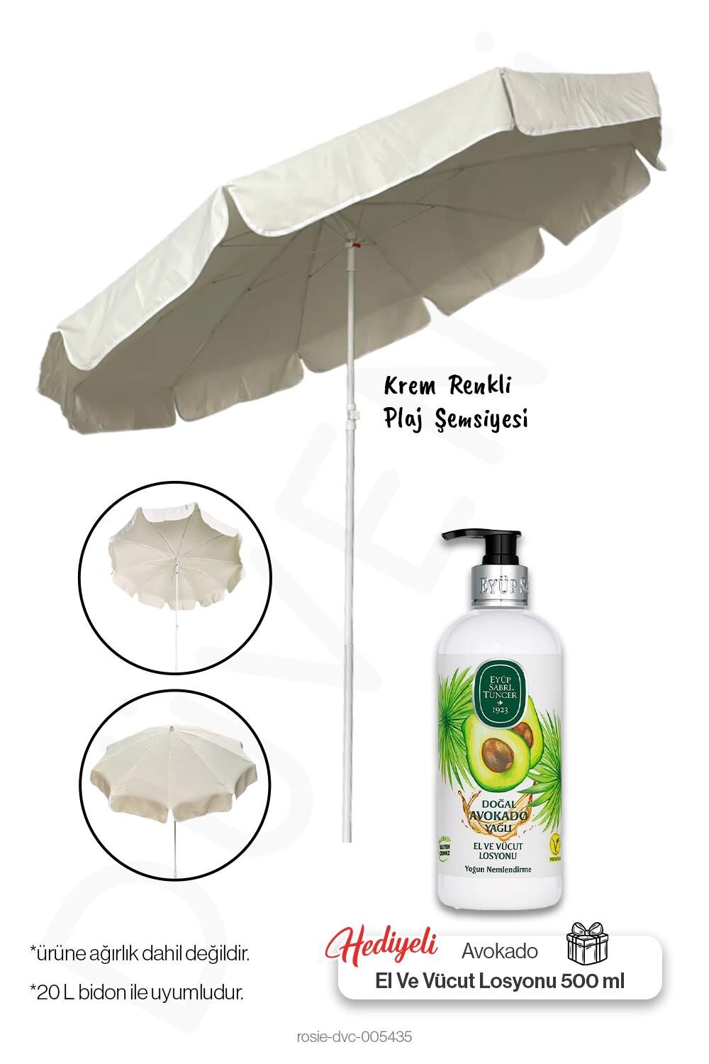 Plaj Şemsiyesi 200 CM Çap, Krem Renkli, 10 Telli  ve Avokadolu Losyon Hediye