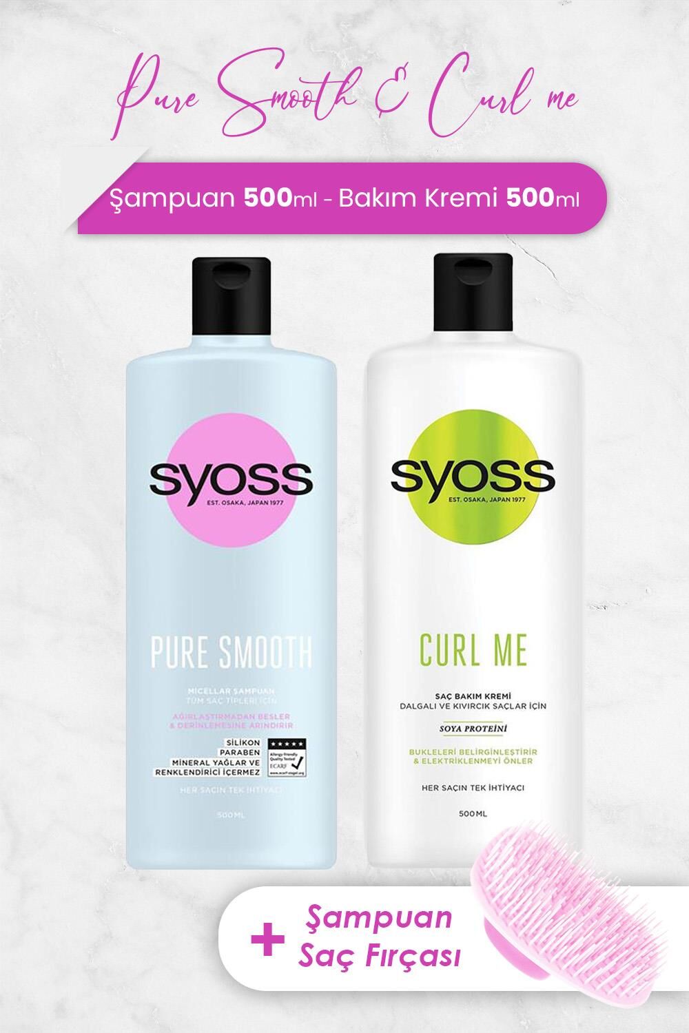Syoss Pure Smooth Şampuan, Curl Me Saç Bakım Kremi 500ml ve Şampuan Fırçası