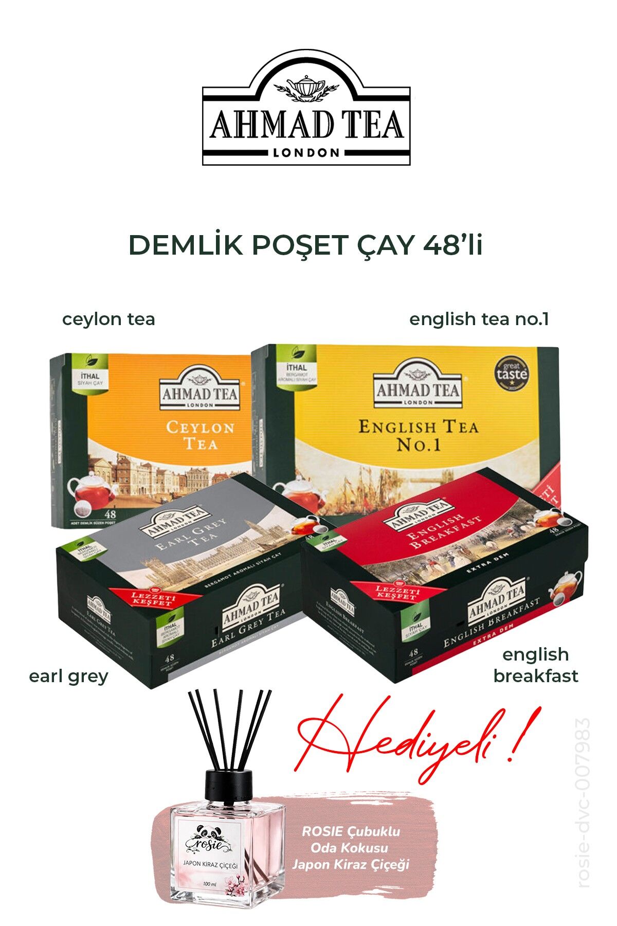 Ahmad Tea 154 G Demlik Poşet Çay 48'li/4 paket karma, ROSIE oda kokusu