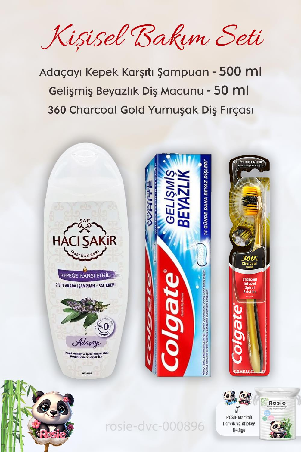 Colgate Diş Macunu Gelişmiş Beyazlık 50 ml,  360 Charcoal Diş Fırçası, H.Şakir Adaçayı Şampuan 500 ml