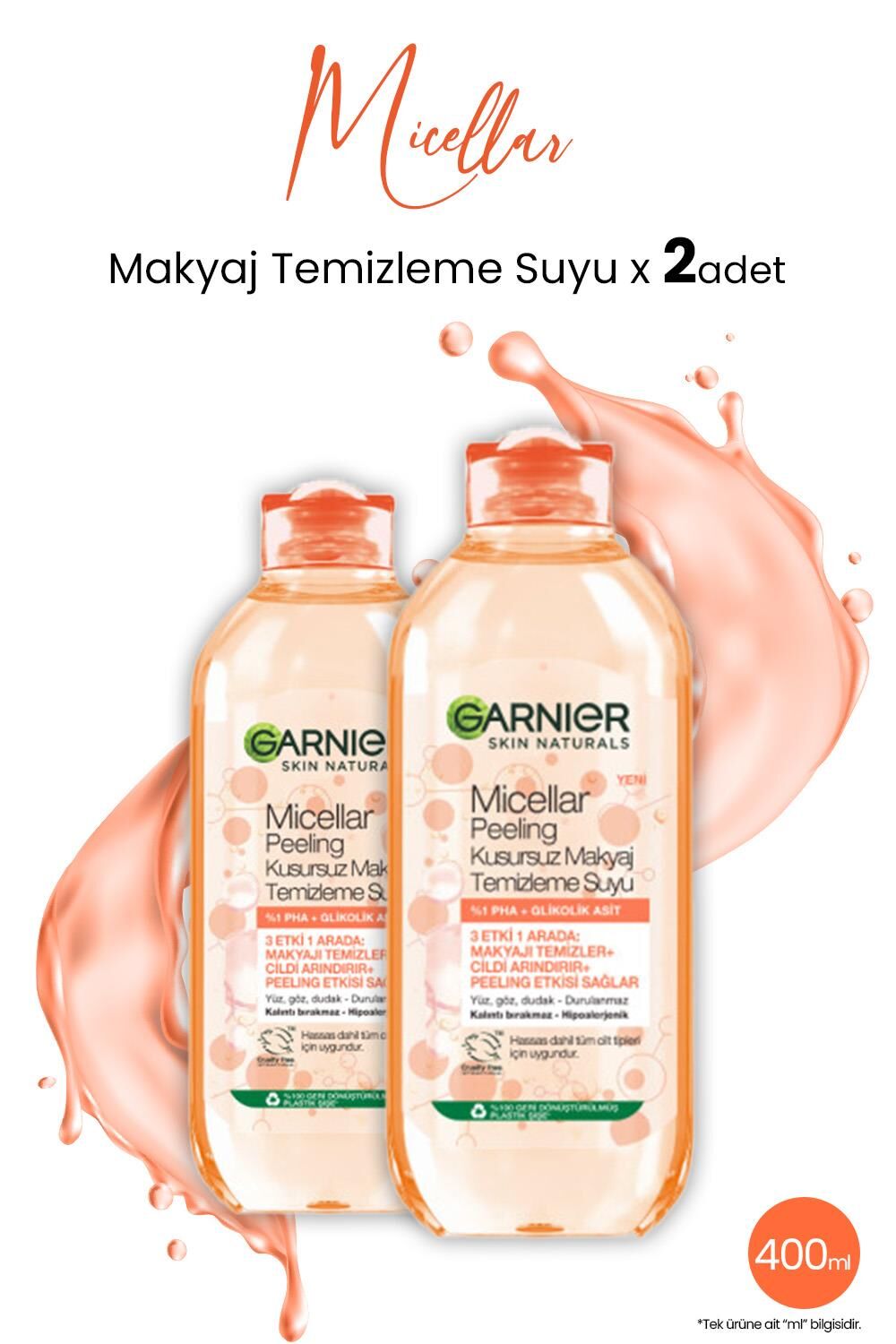 Garnier Micellar Kusursuz Makyaj Temizleme Suyu Peeling 400 ml x 2 Adet