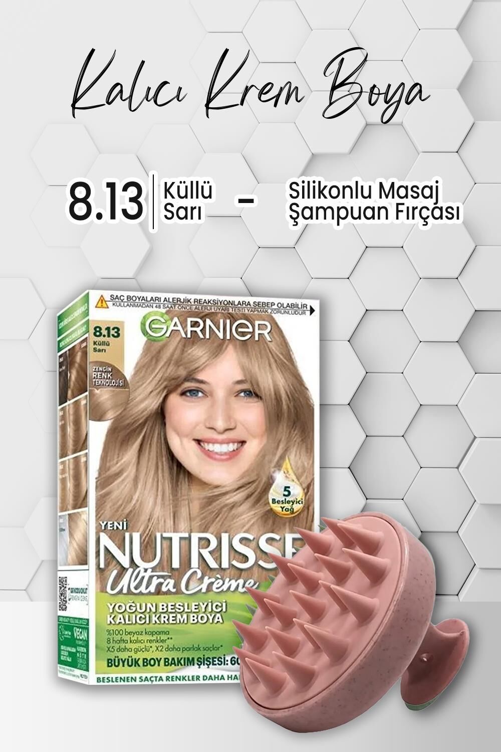 Garnier Nutrisse Besleyici Krem Saç Boyası 8.13 Küllü Sarı ve Şampuan Fırçası Pembe