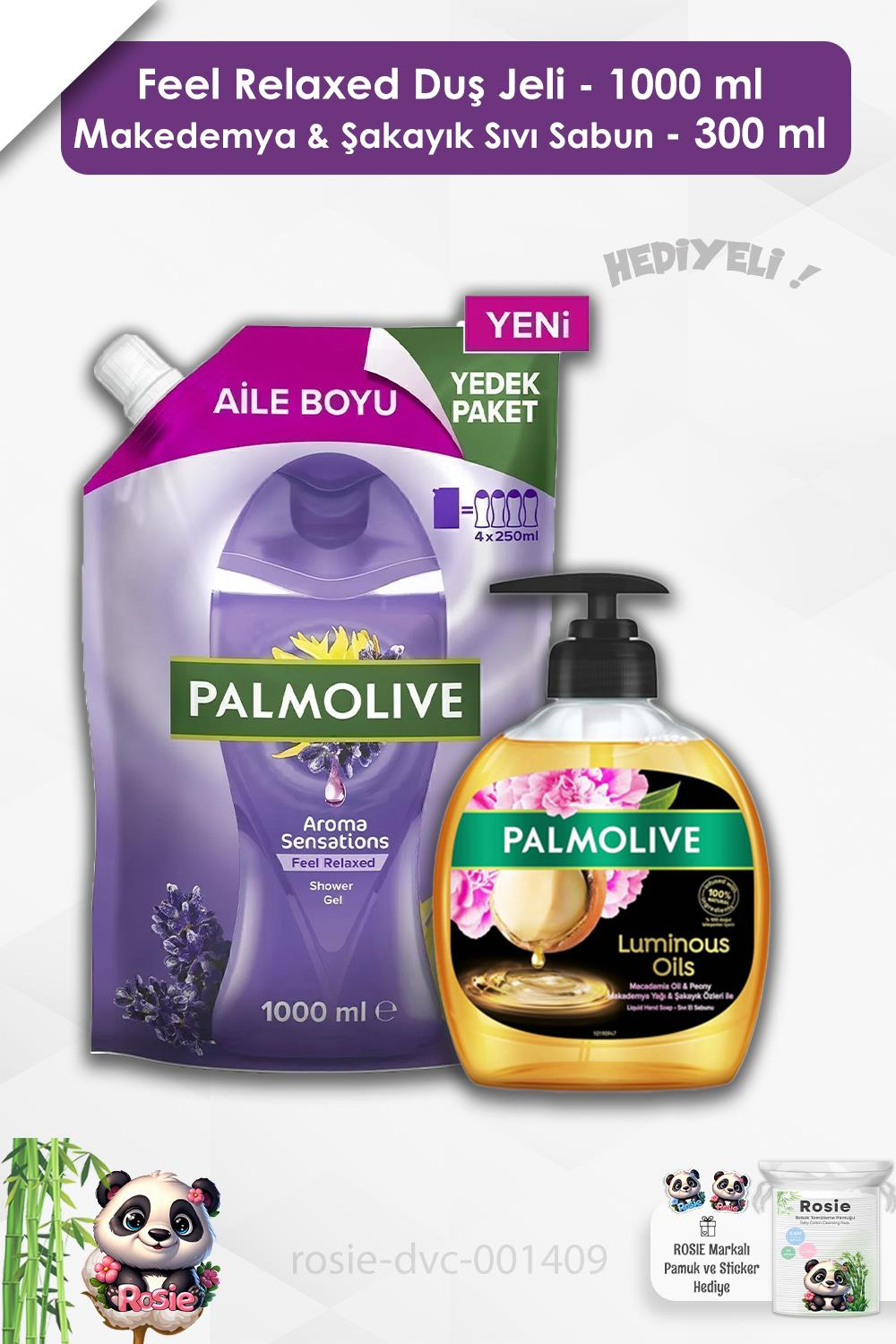 Palmolive Feel Relaxed Duş Jeli 1000 ml,Makedemya & Şakayık Sıvı Sabun 300 ml ve ROSIE