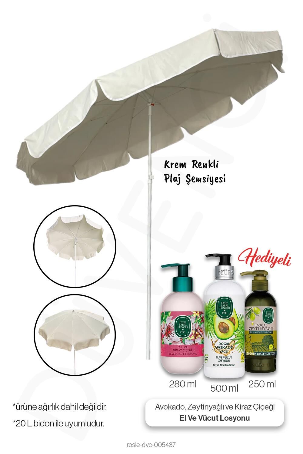 Krem Renk Plaj Şemsiyesi, 10 Telli, 200 CM Çap, Eğim verilebilir ve 3'lü Losyon Hediye