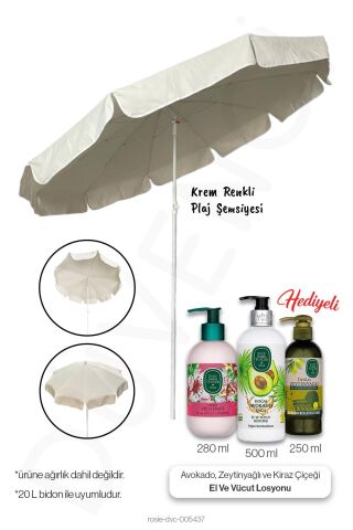 Krem Renk Plaj Şemsiyesi, 10 Telli, 200 CM Çap, Eğim verilebilir ve 3'lü Losyon Hediye