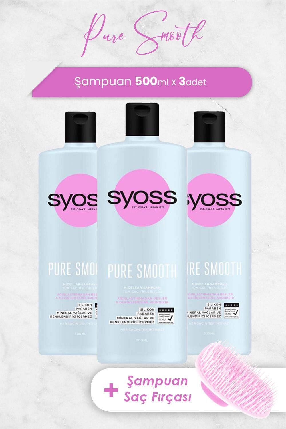 Syoss Pure Smooth Şampuan 500 ml x 3 Adet ve Şampuan Fırçası