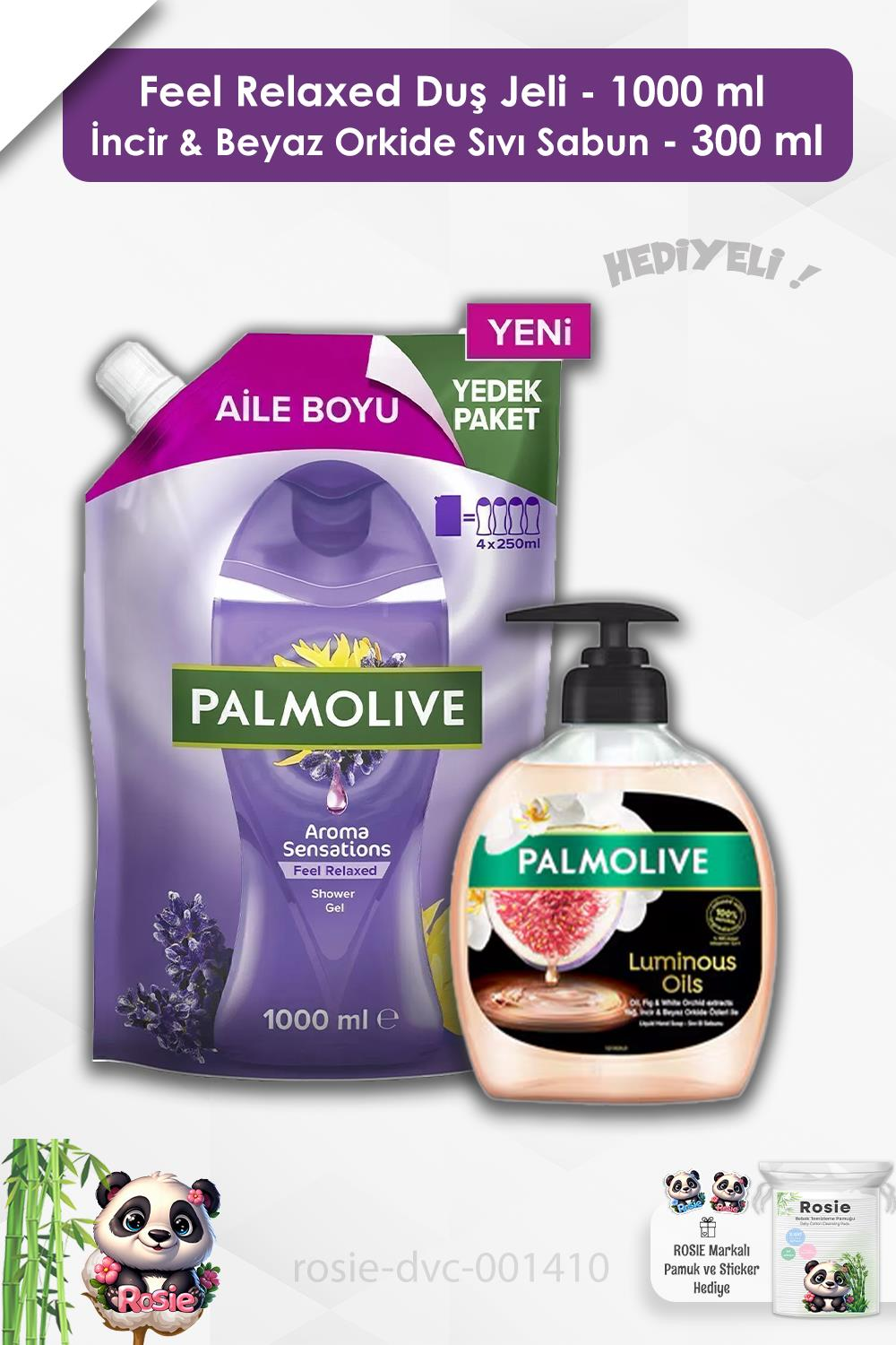 Palmolive Feel Relaxed Duş Jeli 1000 ml,İncir & Beyaz Orkide Özlü Sıvı Sabun 300 ml ve ROSIE