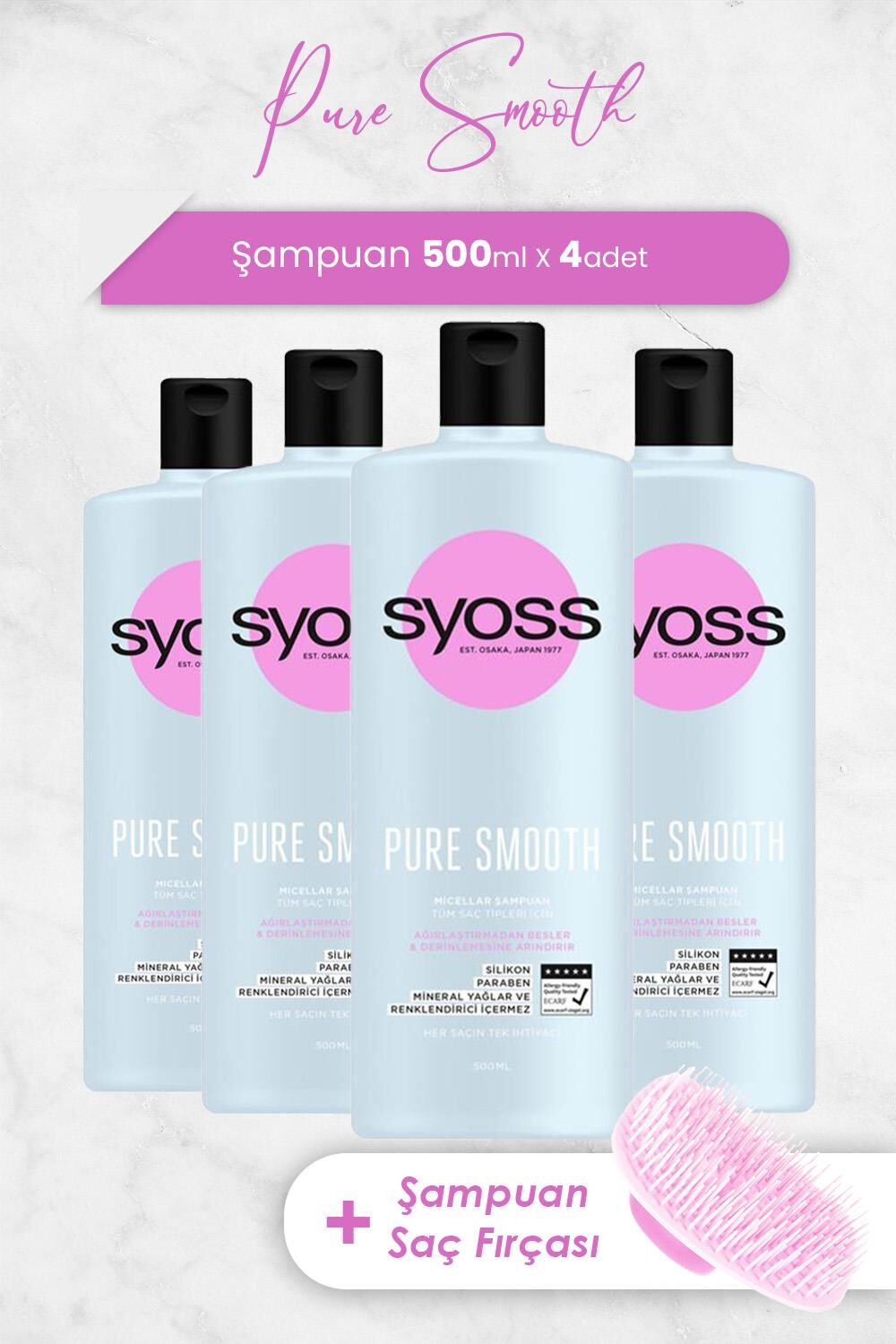 Syoss Pure Smooth Şampuan 500 ml x 4 Adet ve Şampuan Fırçası