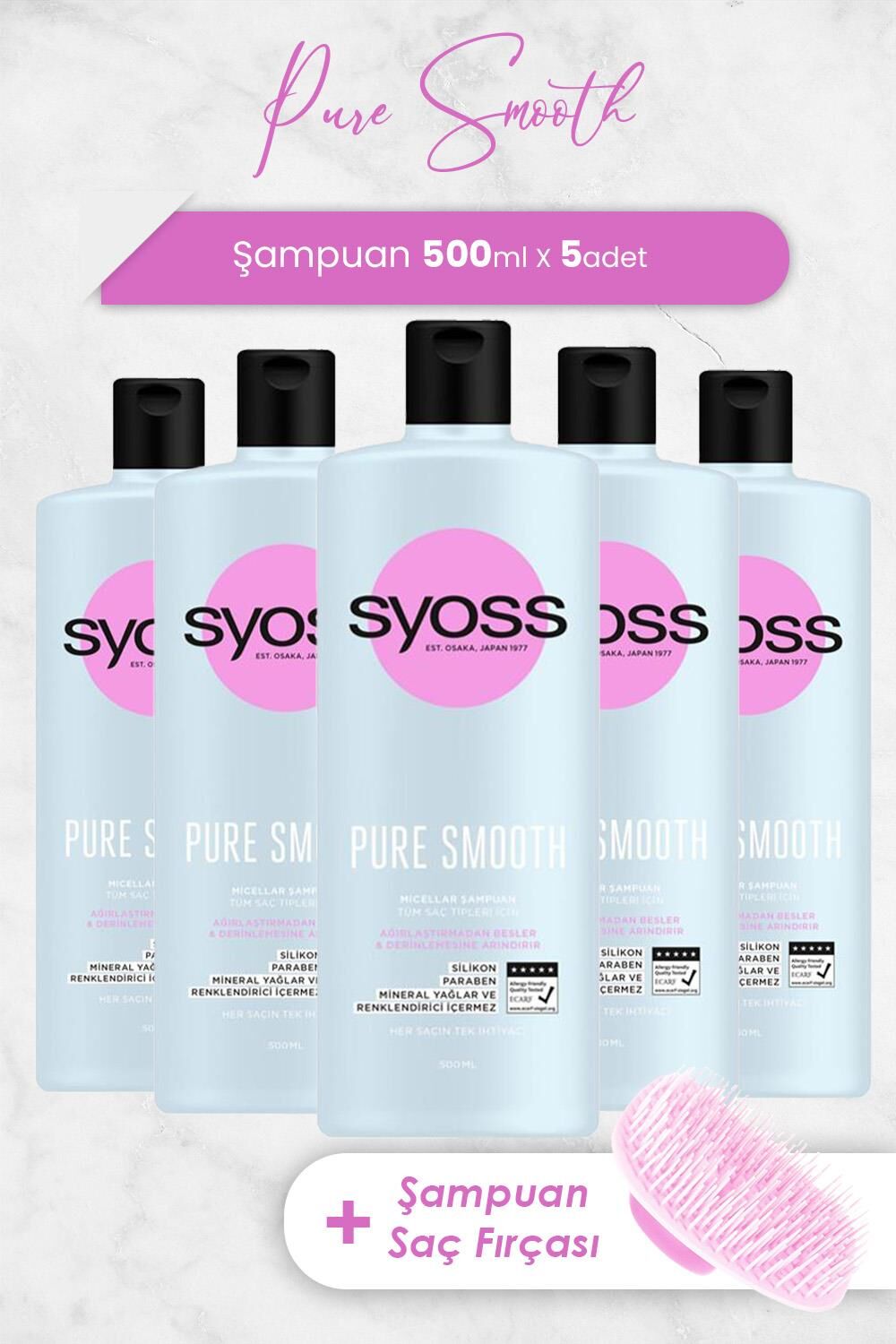 Syoss Pure Smooth Şampuan 500 ml x 5 Adet ve Şampuan Fırçası