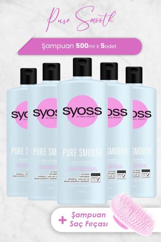 Syoss Pure Smooth Şampuan 500 ml x 5 Adet ve Şampuan Fırçası