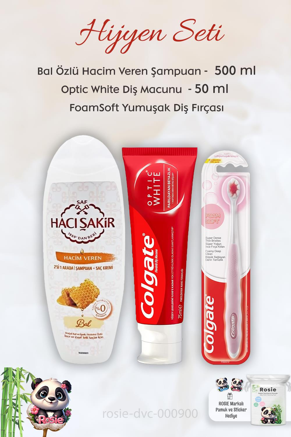 Colgate Optic White 50 ml,  FoamSoft Diş Fırçası, H.Şakir Ballı Şampuan 500 ml ve ROSIE