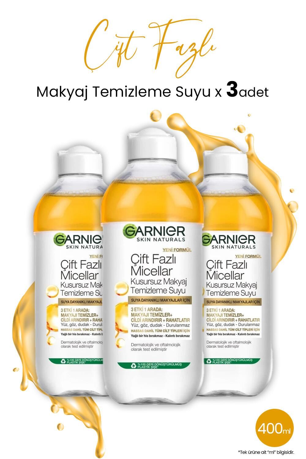 Garnier Micellar Temizleme Suyu Çift Fazlı Argan 400 ml x 3 Adet