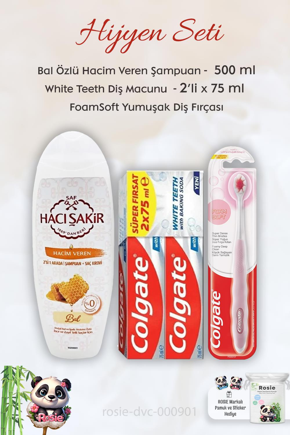 Colgate With Baking Soda 2'li 75 ml,  FoamSoft Diş Fırçası, H.Şakir Ballı Şampuan 500 ml ve ROSIE