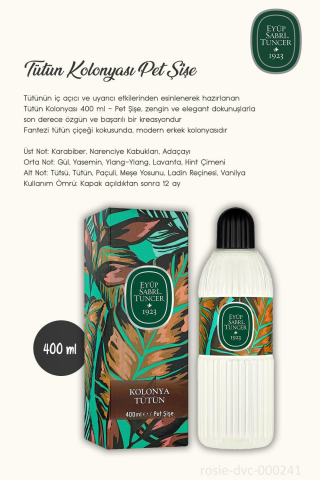 3 Adet Eyüp Sabri Tuncer Tütün Kolonyası Pet Şişe 400 ml  ve %100 Pamuk ROSIE