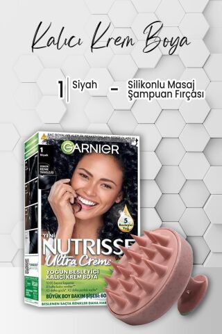 Garnier Nutrisse Besleyici Krem Saç Boyası 1 Siyah ve Şampuan Fırçası Pembe