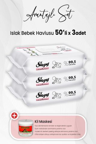 Sleepy Yenidoğan Devam Islak Bebek Bakım Havlusu 50'li x 3 Adet ve Kil Maskesi