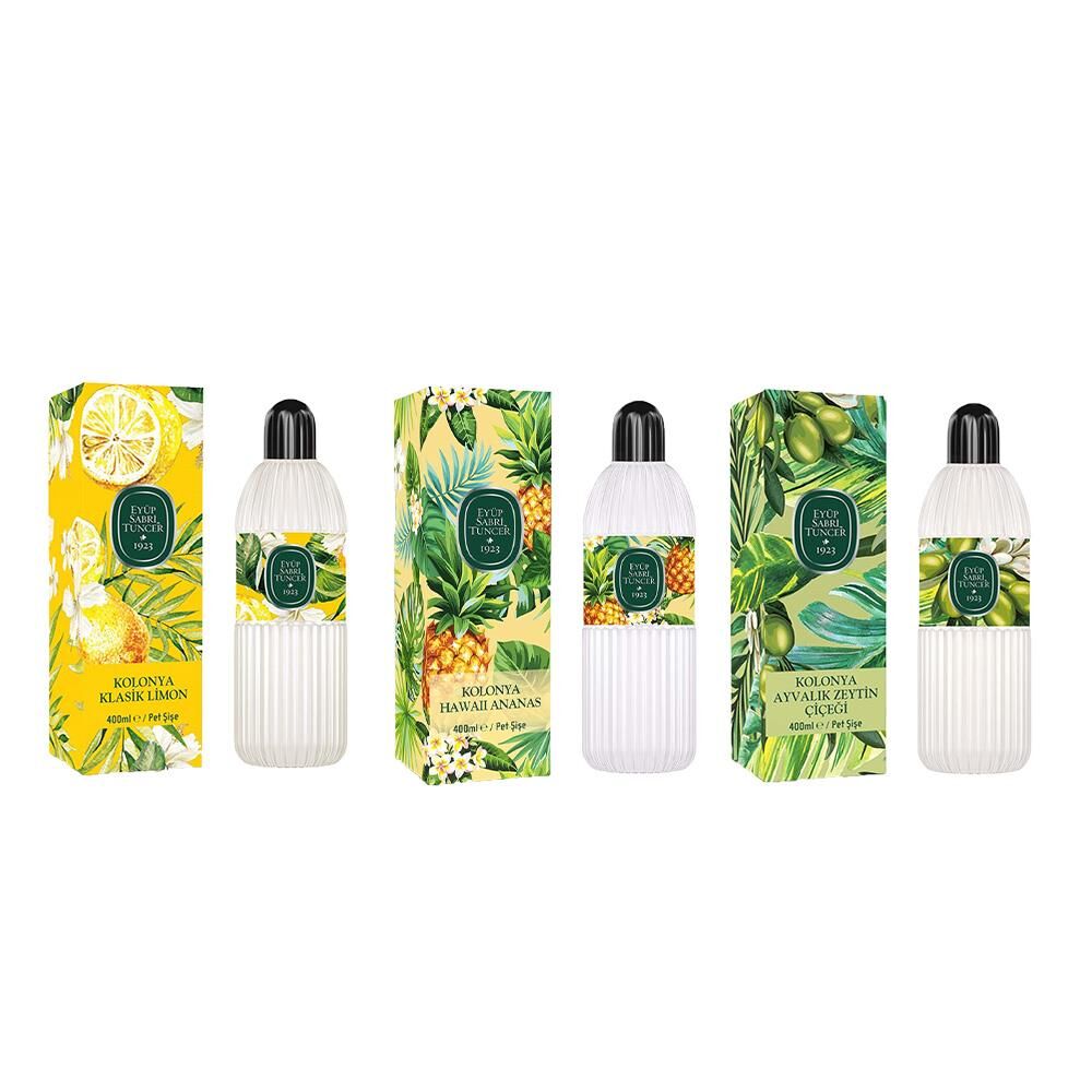 Eyüp Sabri Tuncer Kolonya Klasik Limon, Hawaii Ananas ve Ayvalık Zeytin Çiçeği Pet Şişe 400 ml
