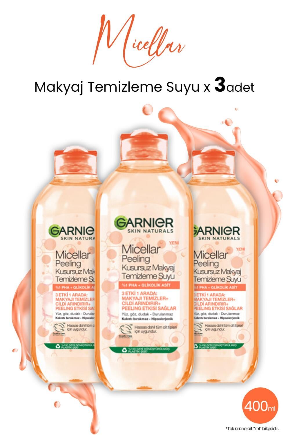 Garnier Micellar Kusursuz Makyaj Temizleme Suyu Peeling 400 ml x 3 Adet