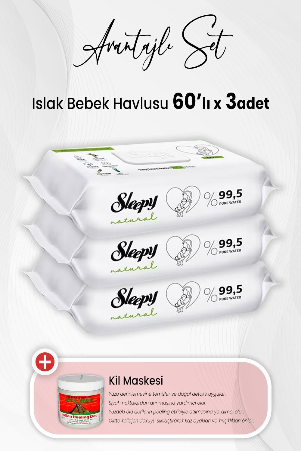 Sleepy Natural Yenidoğan Islak Bebek Havlusu 60'lı x 3 Adet ve Kil Maskesi