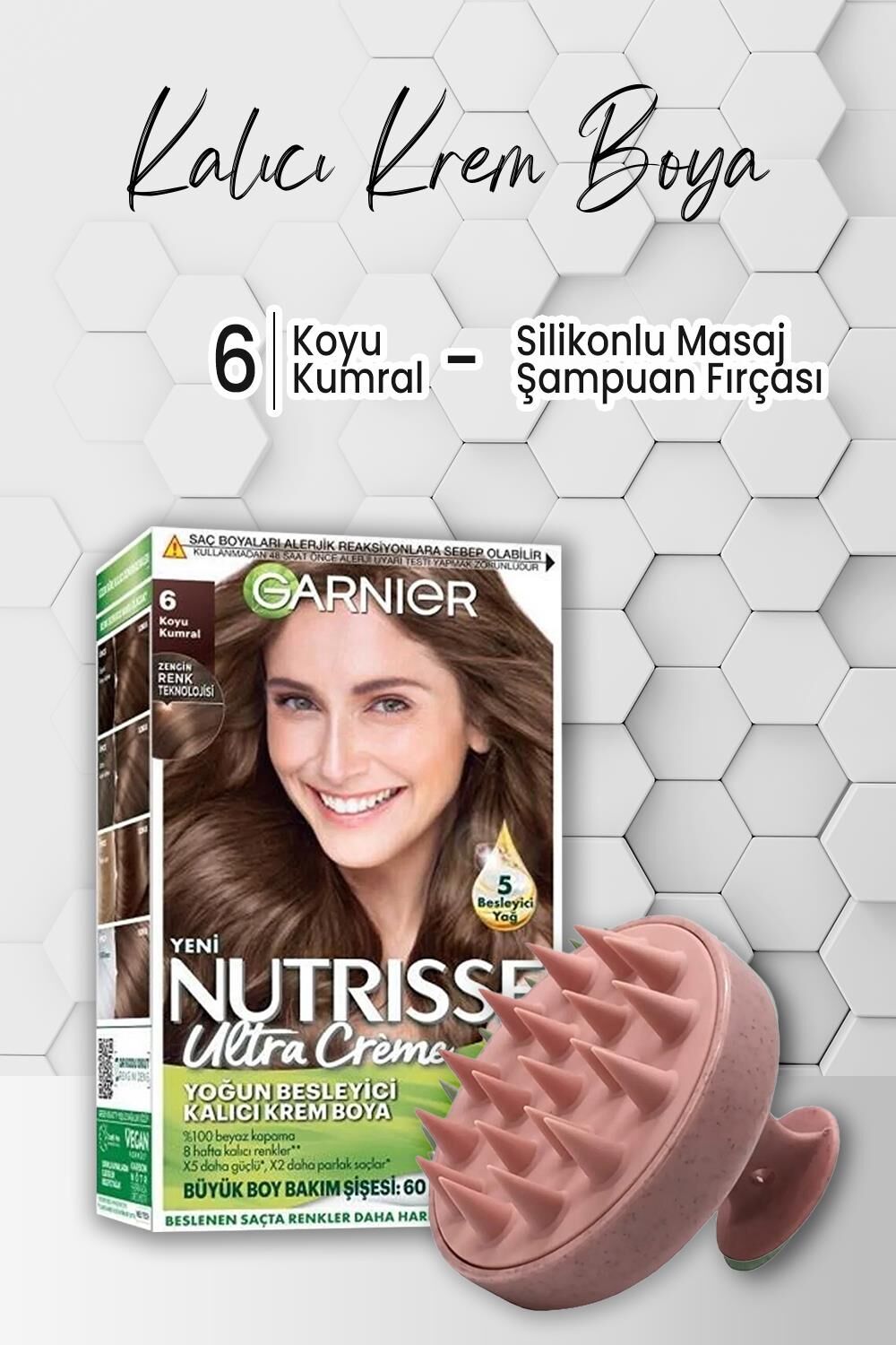 Garnier Nutrisse Besleyici Krem Saç Boyası 6 Koyu Kumral ve Şampuan Fırçası Pembe