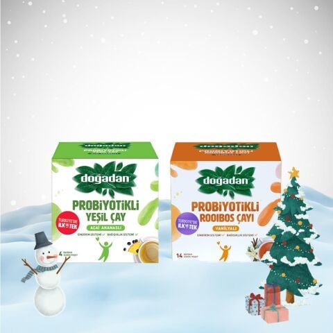 Doğadan Yılbaşı Paketi Probiyotikli Yeşil Çay Açai Ananaslı ve Roobios Vanilya 14'lü