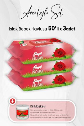 Sleepy Gül Kokulu Islak Bebek Havlusu 50 Yaprak x 3 Adet ve Kil Maskesi