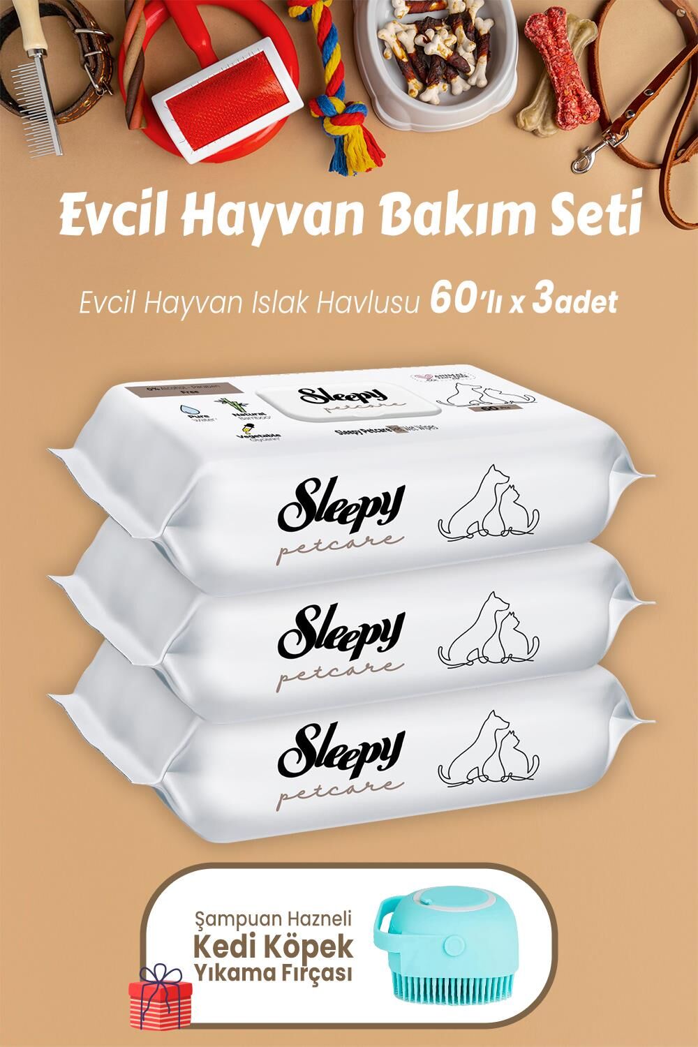 Sleepy Petcare Evcil Hayvan Islak Havlusu 60'lı x 3 Adet ve Şampuan Hazneli Kedi Köpek Yıkama Fırçası