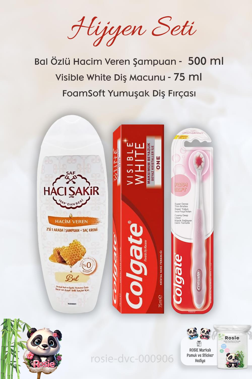 Colgate Visible White Diş Macunu 75 ml, FoamSoft Diş Fırçası, H.Şakir Ballı Şampuan 500 ml