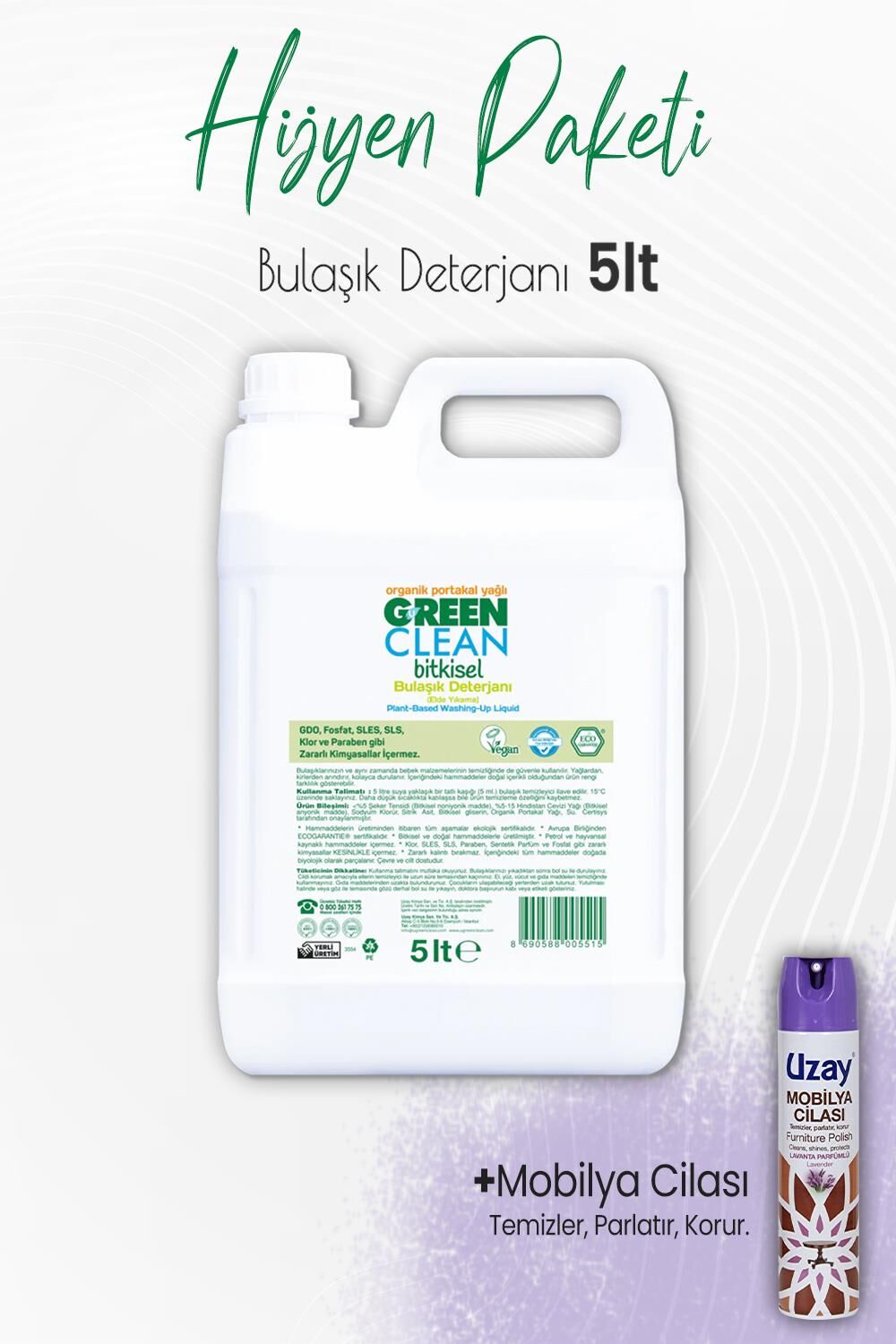 Green Clean Bulaşık Deterjanı Portakal 5 lt ve Mobilya Cilası Lavanta 300 ml