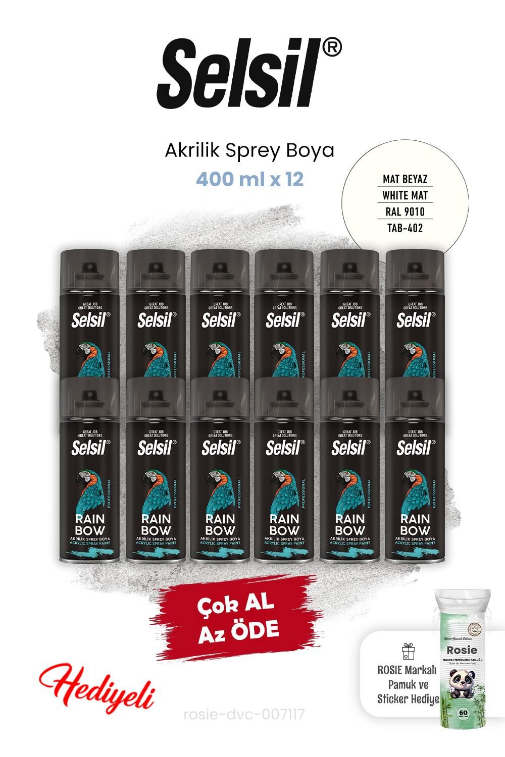 Selsil 12 adet Akrilik Sprey Boya 400 ml Mat Beyaz ve Rosie