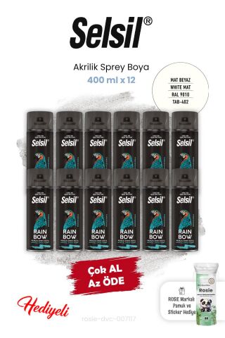 Selsil 12 adet Akrilik Sprey Boya 400 ml Mat Beyaz ve Rosie