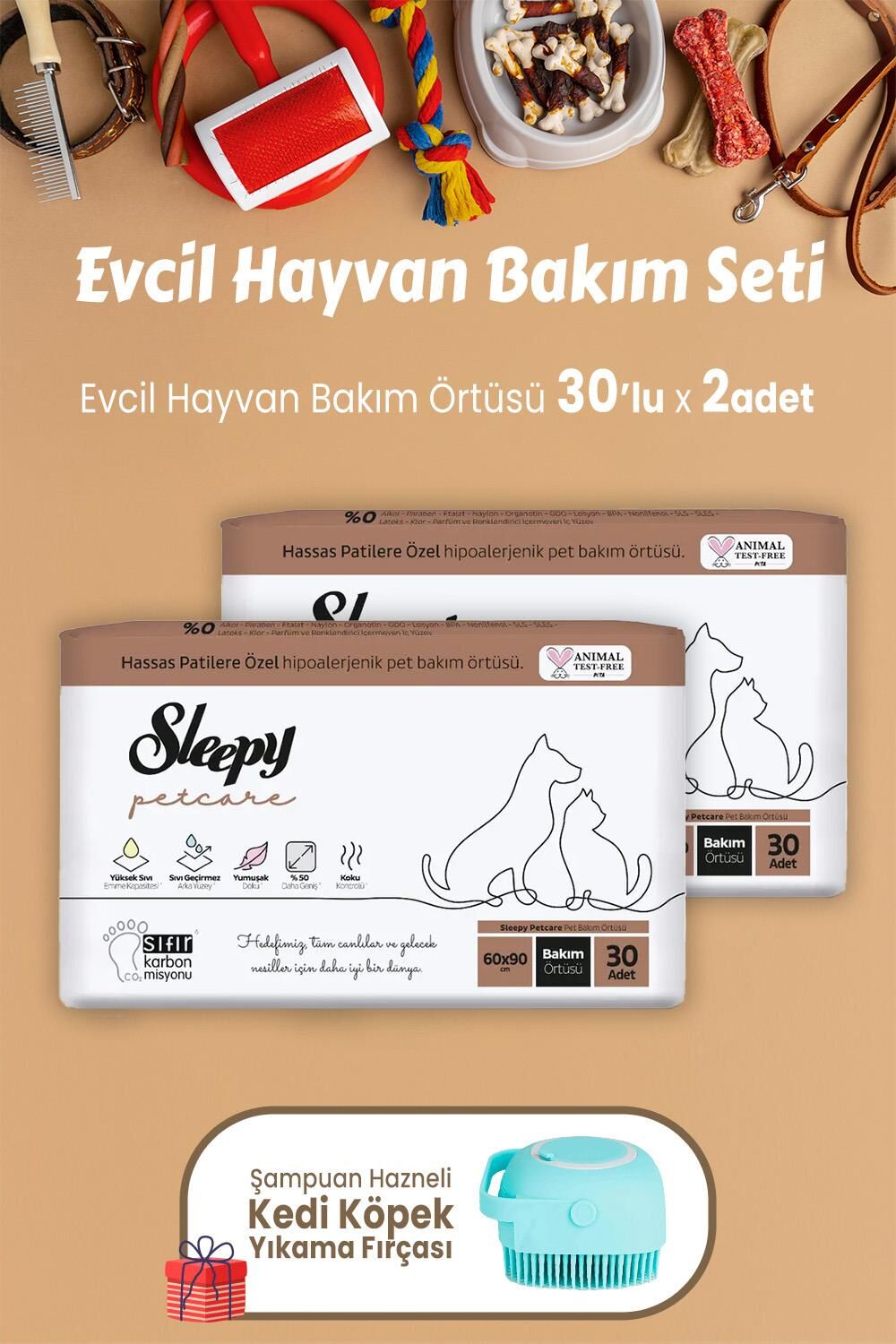 Sleepy Petcare Evcil Hayvan Bakım Örtüsü 30' lu x 2 Adet ve Şampuan Hazneli Kedi Köpek Yıkama Fırçası