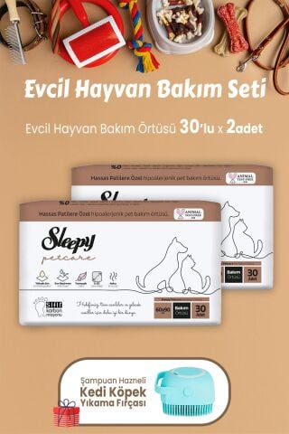 Sleepy Petcare Evcil Hayvan Bakım Örtüsü 30' lu x 2 Adet ve Şampuan Hazneli Kedi Köpek Yıkama Fırçası