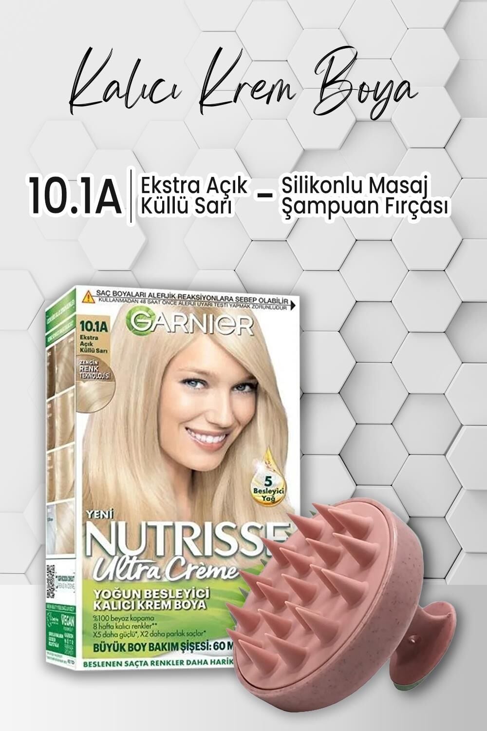 Garnier Nutrisse Besleyici Krem Saç Boyası 10.1A Ekstra Açık Küllü Sarı ve Şampuan Fırçası Pembe