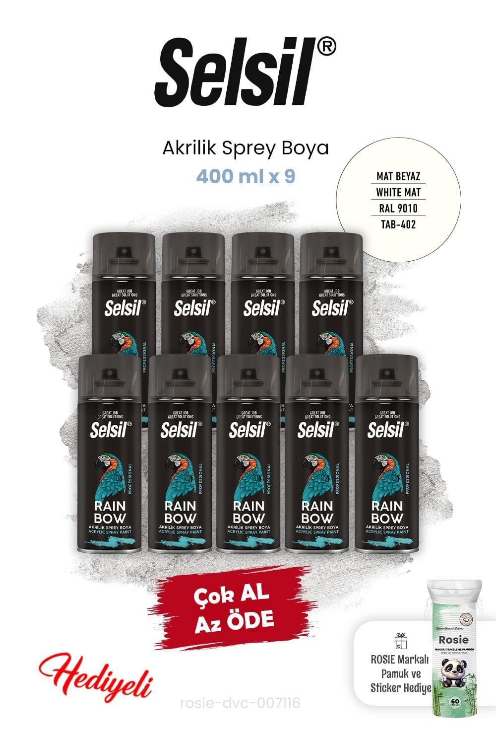 Selsil Akrilik Sprey Boya 400 ml x 9 Mat Beyaz ve Rosie